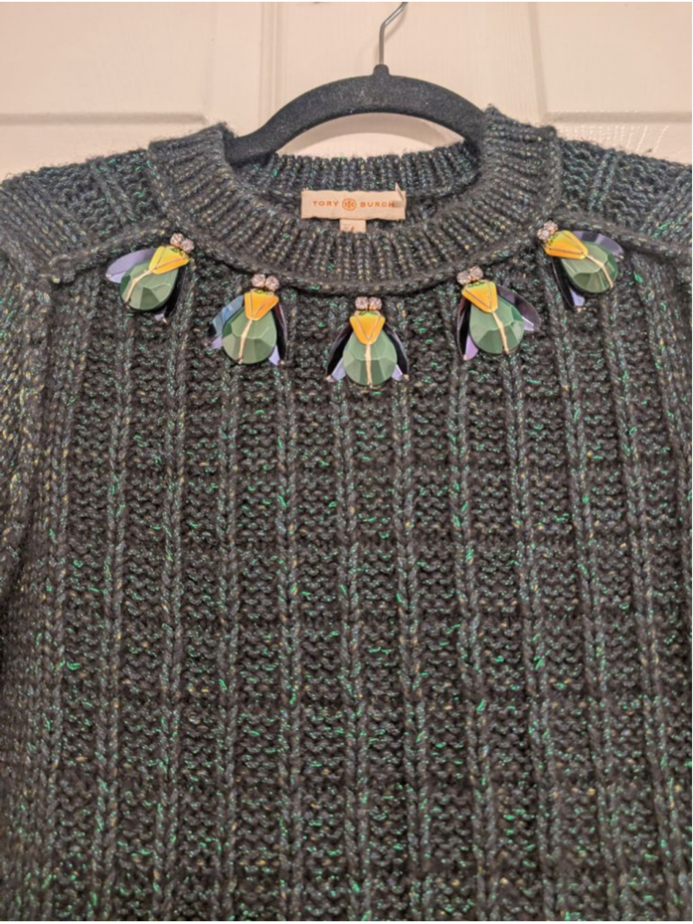 Tory Burch Lucy Metallic Green Beatle Embellish Sweater Size S Wool Cotton Blend - Picture 4 of 11